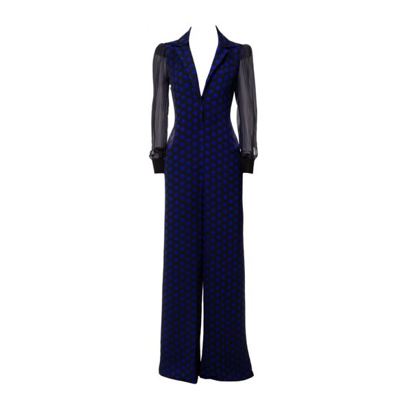Diane Von Furstenberg Polka Dot Silk Wide Leg Jumpsuit Blue Black Sheer 14 NWT - Picture 2 of 15